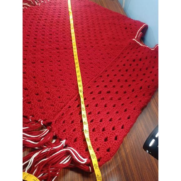 Vintage Hand Knit Crochet Granny Boho Fringe Hippie Poncho Cape 70's 80's - Picture 4 of 6